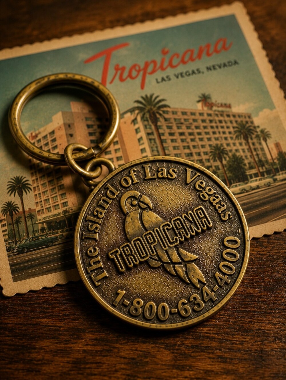 Vintage Tropicana Hotel & Casino Las Vegas Brass Keychain Parrot Logo Souvenir